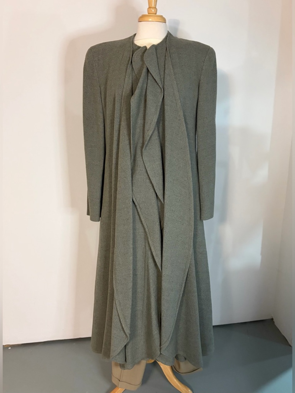 Vintage Georgio Armani long sage ruffle front coat, 1990s